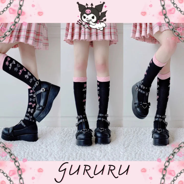 Platform Lolita Kawaii Pu Shoes Bowknot Demon Dark Goth Punk Devilian Little Bat Style Loli Cosplay High Heel 5.5cm