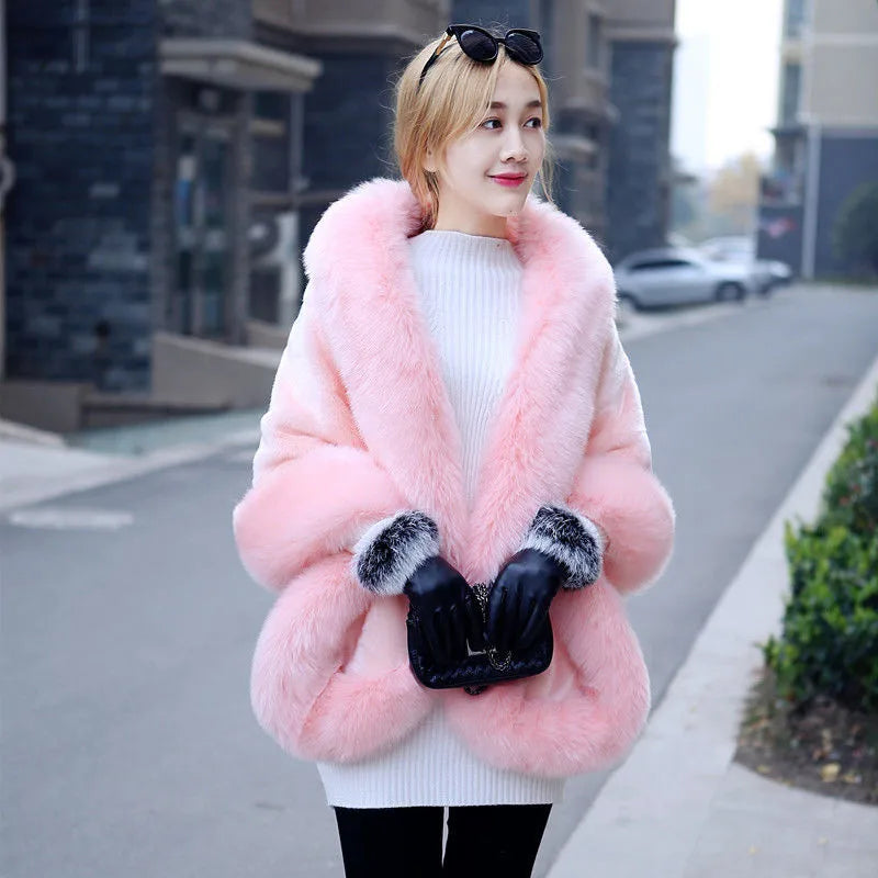 Winter Ladies' Genuine Knitted Mink Fur Shawls Fox Fur Collar Women Fur Pashmina Wraps Bridal Cape Coat Jacket