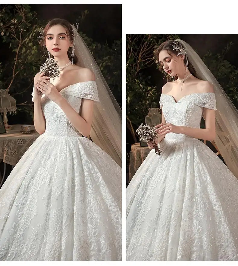 Wedding Dress 2023 Vestido De Noiva Elegant Boat Neck Wedding Gown With Train Princess Luxury Lace Robe De Mariee