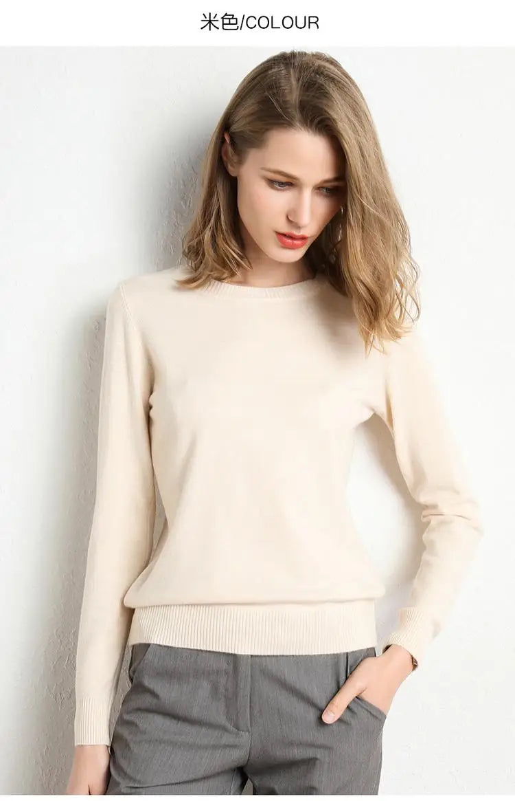 Women Merino Wool Sweater O-Neck Pullover Spring Autumn Long Sleeve Knitwear Slim Solid Color Fashion Bottoming Clothing Tops