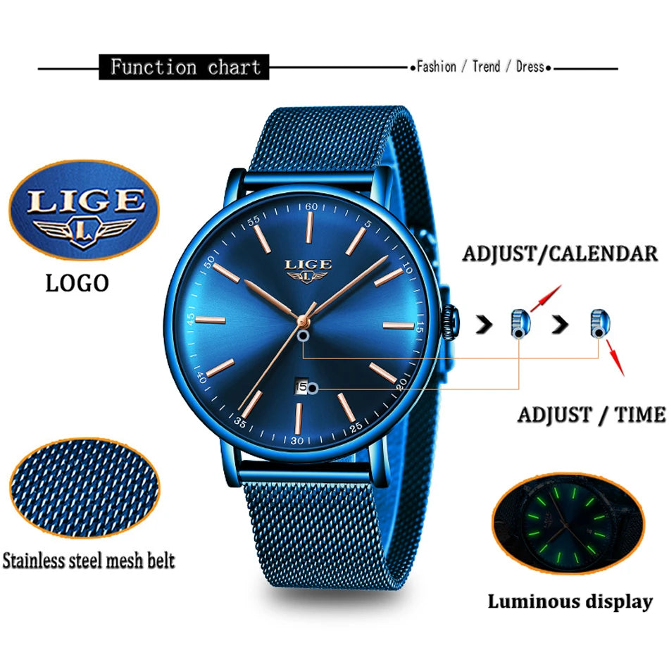 LIGE Women's Watches Top Brand Luxury Waterproof Watch Woman Fashion Ladies Mesh Belt Wristwatch Casual Quartz Clock Reloj Mujer