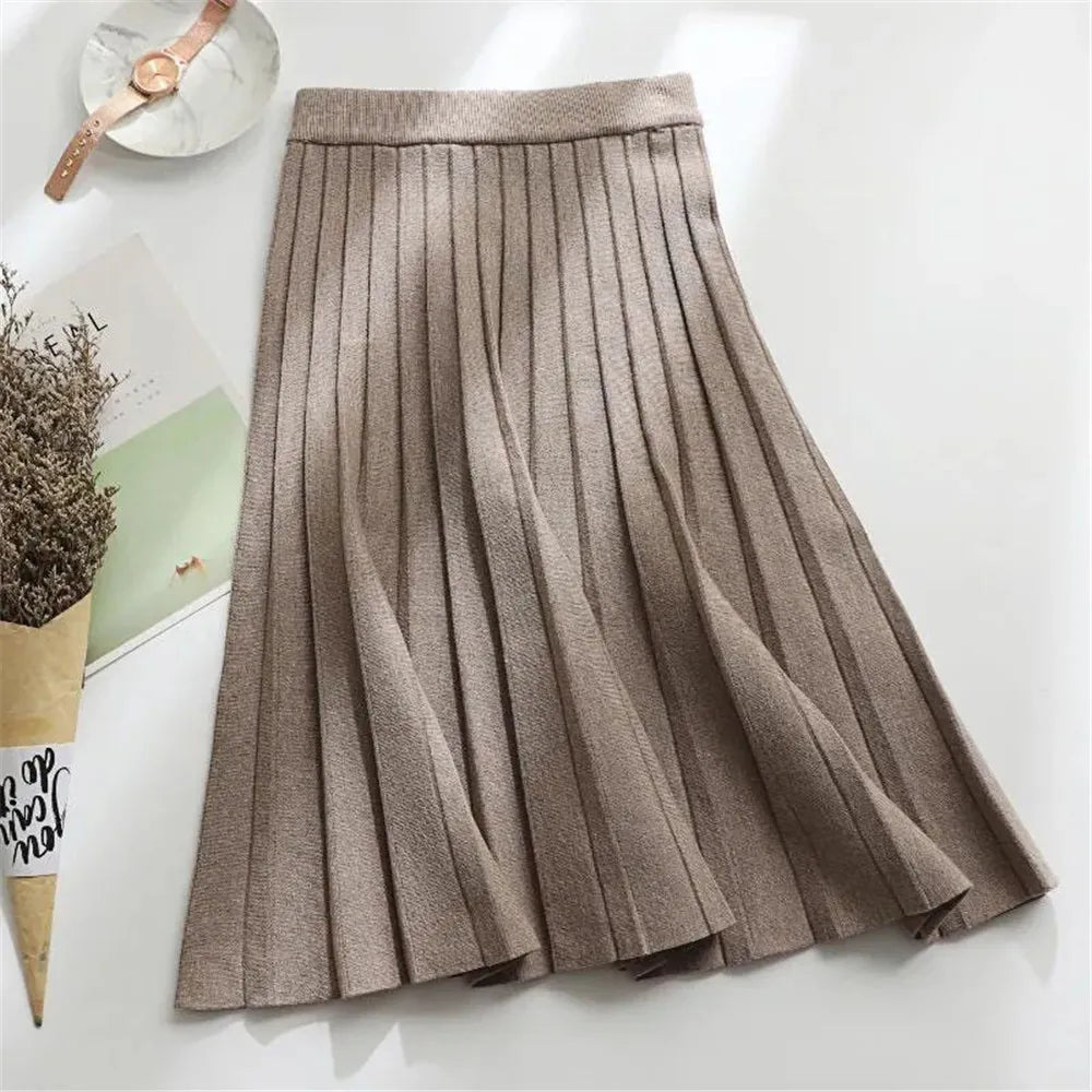 Women Knitted Midi Skirt Elegant Black A-Line High Waist Pleated Long Skirt Korean 2021 Spring Autumn Winter Faldas Femme Jupes