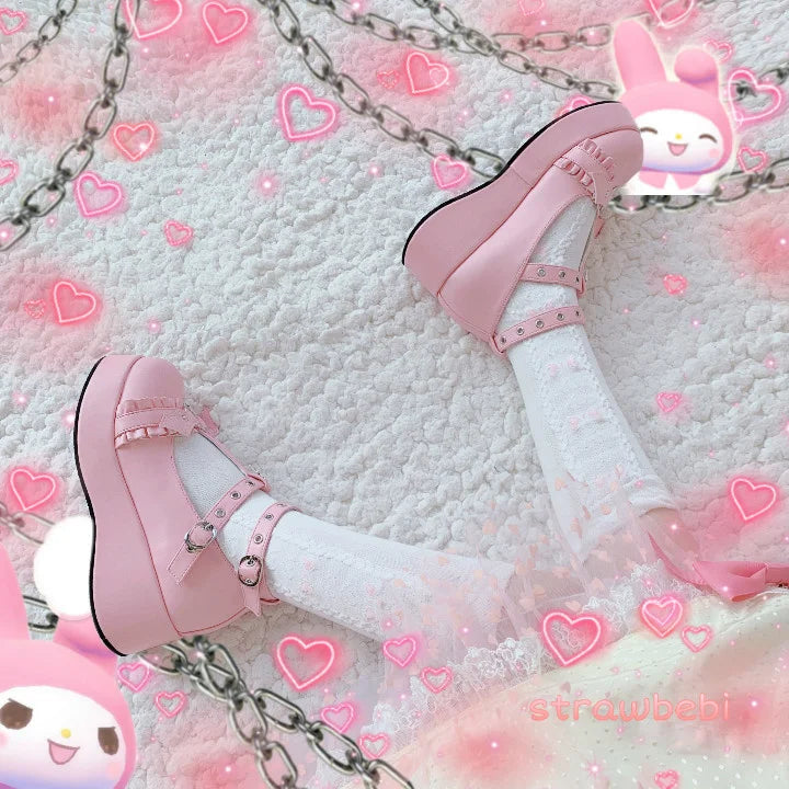 Platform Lolita Kawaii Pu Shoes Bowknot Demon Dark Goth Punk Devilian Little Bat Style Loli Cosplay High Heel 5.5cm