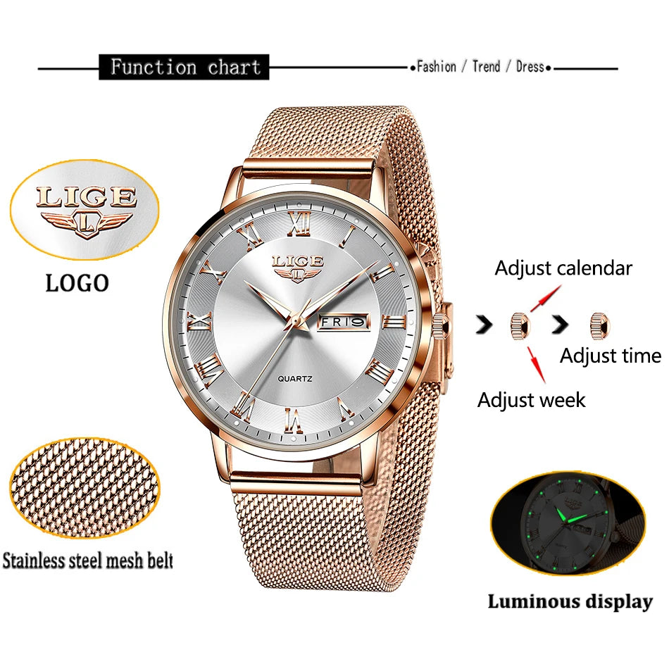 LIGE Fashion Elegant Quartz Women's Watch Bracelet Casual Business Clock Movement Simple Waterproof Mesh Belt Ladies Watches NEW