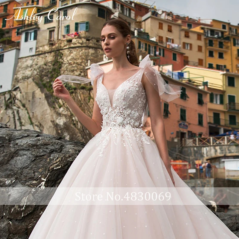 Ashley Carol Romantic Wedding Dress 2024 Boho Pearls Tulle Princess Backless V-Neck Appliques Bridal Dress Vestidos De Novia