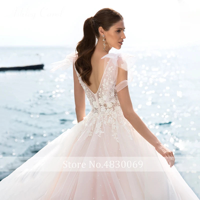 Ashley Carol Romantic Wedding Dress 2024 Boho Pearls Tulle Princess Backless V-Neck Appliques Bridal Dress Vestidos De Novia