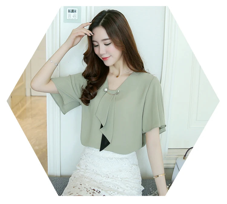 New Spring Fashion Chiffon Women Shirt Blouse Short Sleeve Women's Loose Clothing Loose Bow Neck Women's Tops Blusas D560 50