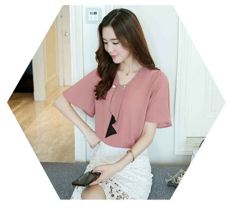 New Spring Fashion Chiffon Women Shirt Blouse Short Sleeve Women's Loose Clothing Loose Bow Neck Women's Tops Blusas D560 50