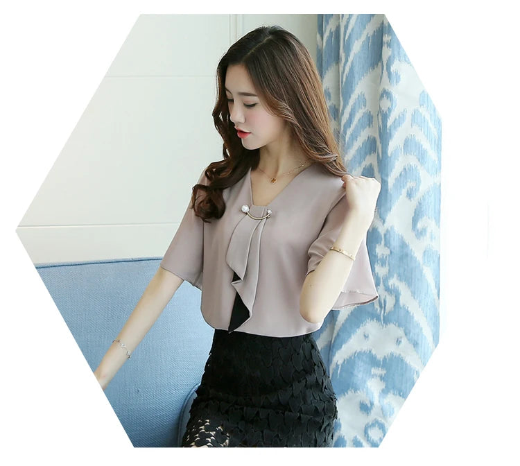 New Spring Fashion Chiffon Women Shirt Blouse Short Sleeve Women's Loose Clothing Loose Bow Neck Women's Tops Blusas D560 50