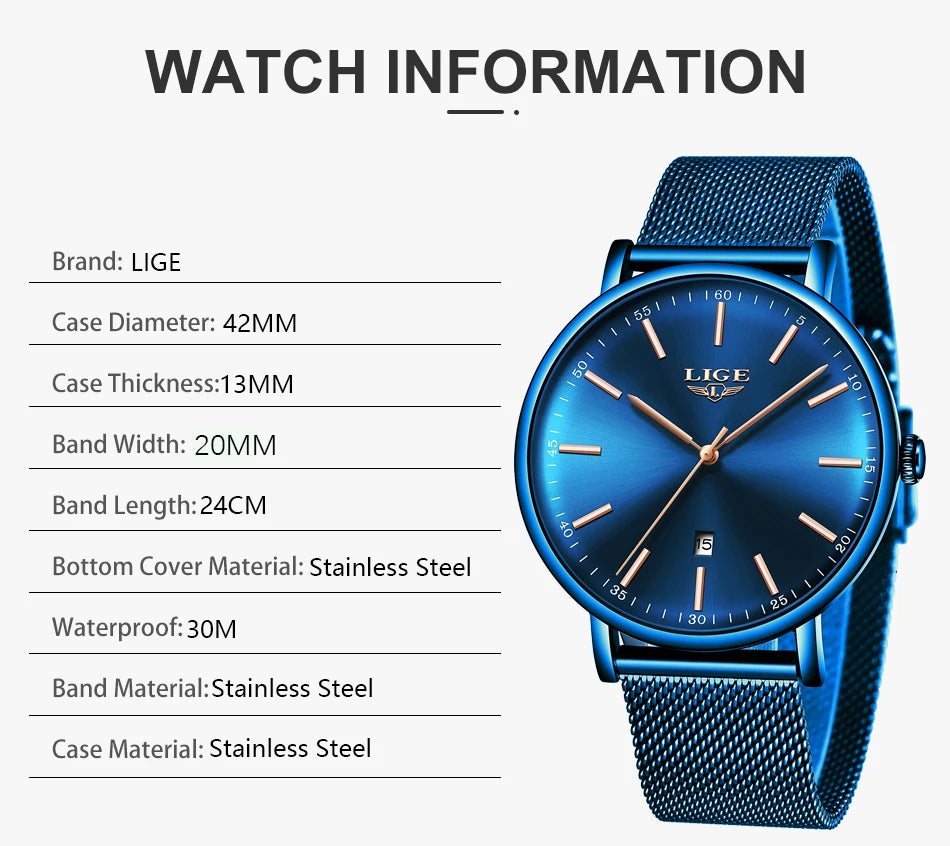 LIGE Women's Watches Top Brand Luxury Waterproof Watch Woman Fashion Ladies Mesh Belt Wristwatch Casual Quartz Clock Reloj Mujer