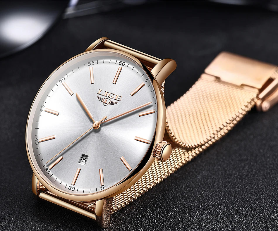 LIGE Women's Watches Top Brand Luxury Waterproof Watch Woman Fashion Ladies Mesh Belt Wristwatch Casual Quartz Clock Reloj Mujer