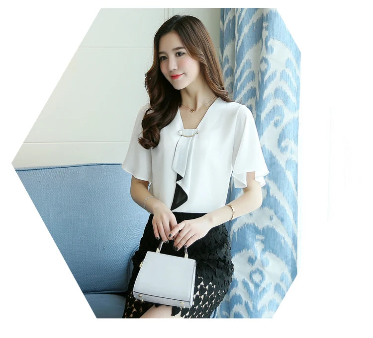 New Spring Fashion Chiffon Women Shirt Blouse Short Sleeve Women's Loose Clothing Loose Bow Neck Women's Tops Blusas D560 50