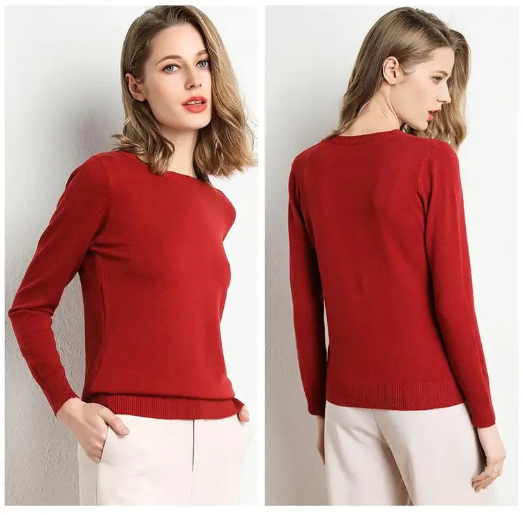 Women Merino Wool Sweater O-Neck Pullover Spring Autumn Long Sleeve Knitwear Slim Solid Color Fashion Bottoming Clothing Tops