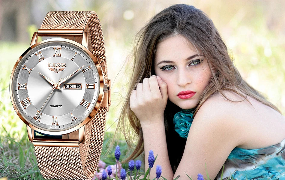 LIGE Fashion Elegant Quartz Women's Watch Bracelet Casual Business Clock Movement Simple Waterproof Mesh Belt Ladies Watches NEW