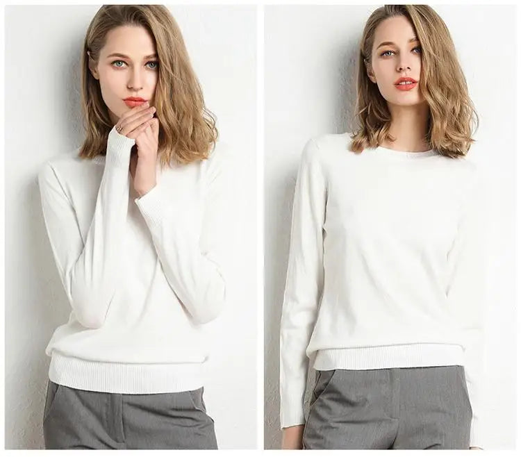 Women Merino Wool Sweater O-Neck Pullover Spring Autumn Long Sleeve Knitwear Slim Solid Color Fashion Bottoming Clothing Tops