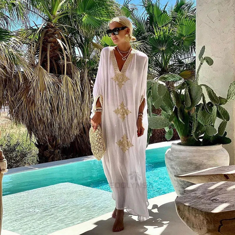 2023 Elegant Gold Embroidered Loose Kaftan House Robe Retro V-neck White Dress Women Summer Beach Wear Swim Maxi Dresses N1373