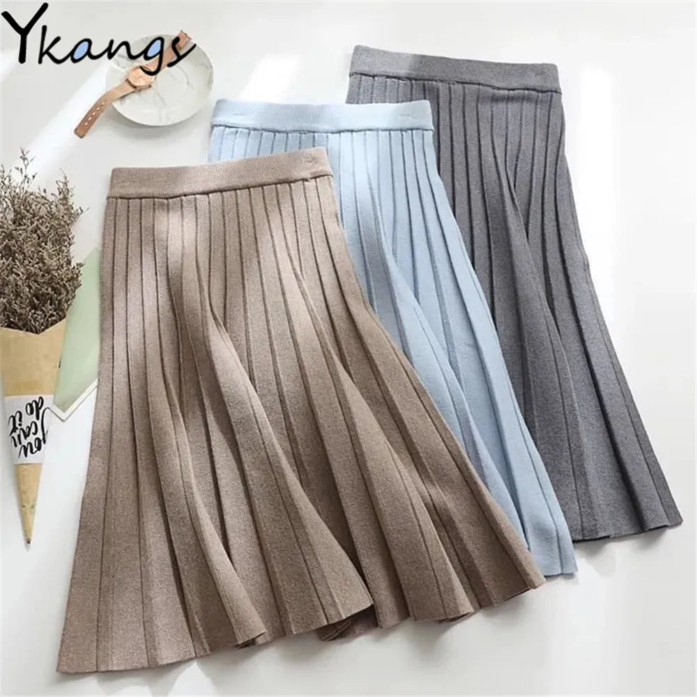 Women Knitted Midi Skirt Elegant Black A-Line High Waist Pleated Long Skirt Korean 2021 Spring Autumn Winter Faldas Femme Jupes