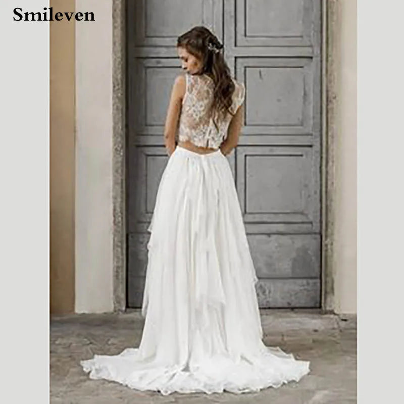 Smileven  Boho Wedding Dress 2 Pieces Sleeveless Sexy Lace Beach Bride Dresses Train Elegant Chiffon Wedding Bridal Gowns