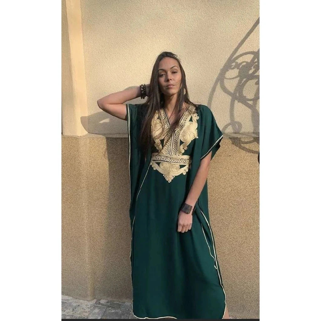 2023 Elegant Gold Embroidered Loose Kaftan House Robe Retro V-neck White Dress Women Summer Beach Wear Swim Maxi Dresses N1373