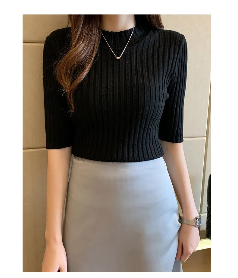 Casual Knitted Tee Shirt Elegant Short Sleeve Tops Fashion Basic Woman T-shirt Femme Elasticity Poleras De Mujer Camisetas 13466