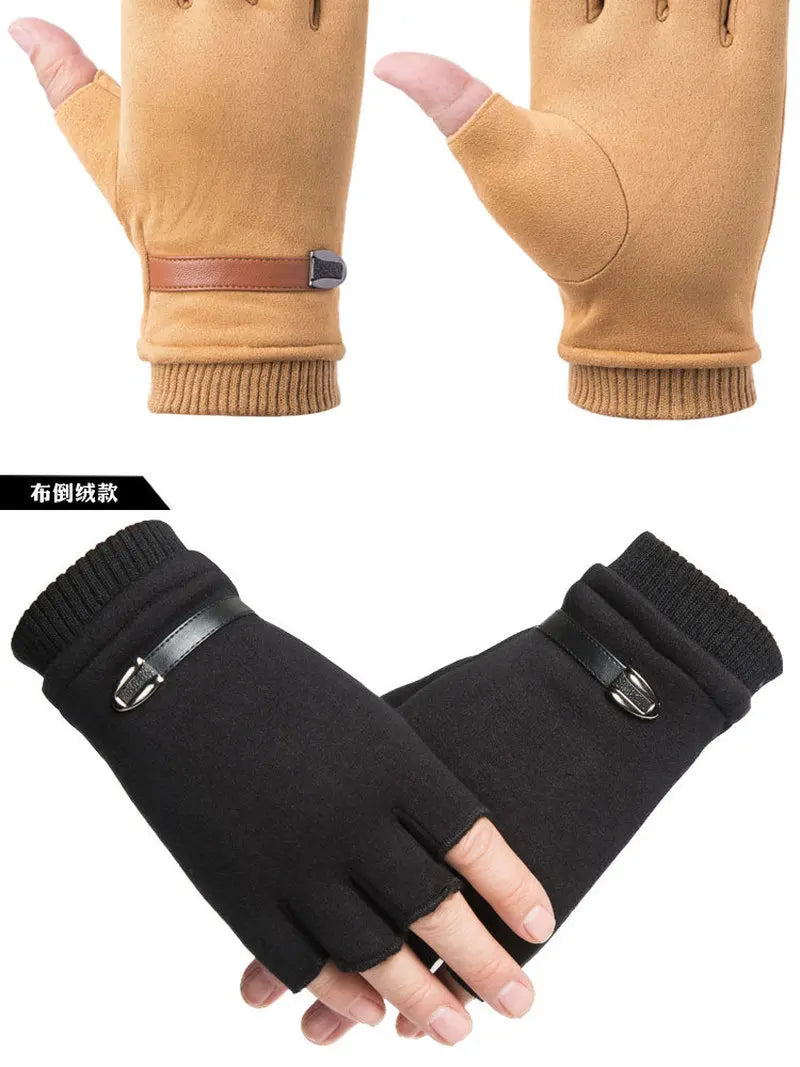 Man Women Winter Keep Warm Plus Velvet Thicken Thin Outdoor Sports Climb Cycling Drive Fitness Half Finger Tactical Gloves Suede