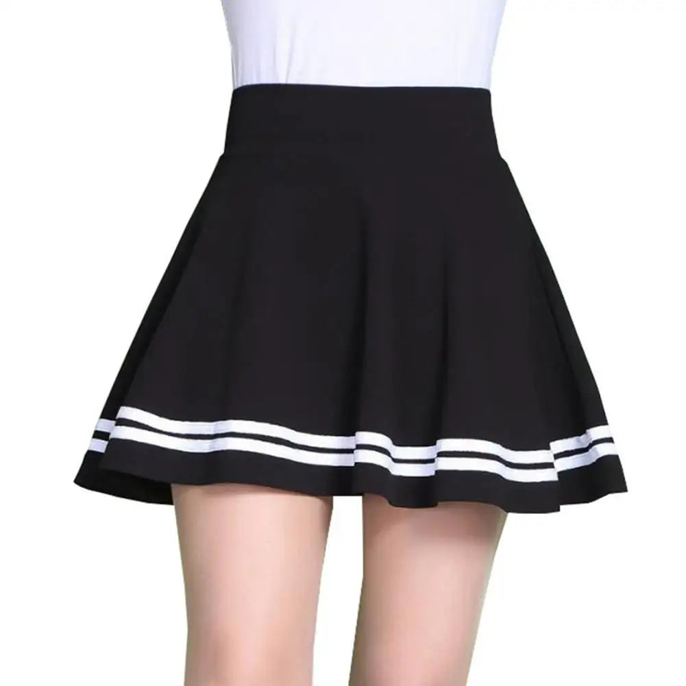 Women Skirt Solid Color High Waist Stripe Midi Pleated Skirts Girls Black White A Line Mini School Skirt Uniform Large Size