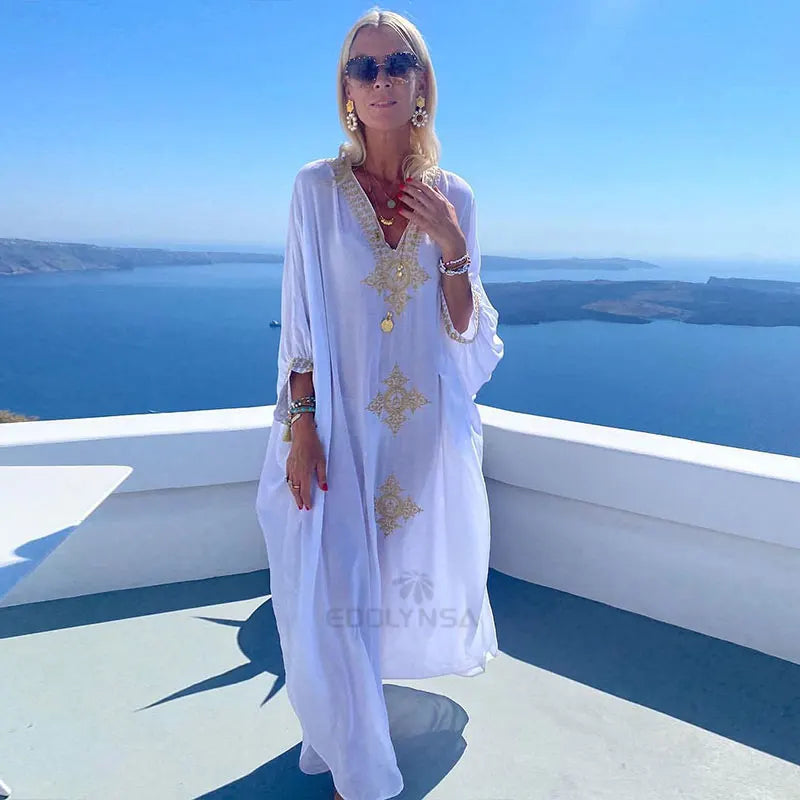 2023 Elegant Gold Embroidered Loose Kaftan House Robe Retro V-neck White Dress Women Summer Beach Wear Swim Maxi Dresses N1373