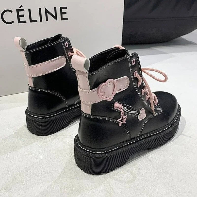 New College Style Martin Boots Women Autumn 2021 Girl Love Round Toe Lace-up Short Boots Y2k Aesthetic Goth Punk Platform Shoes