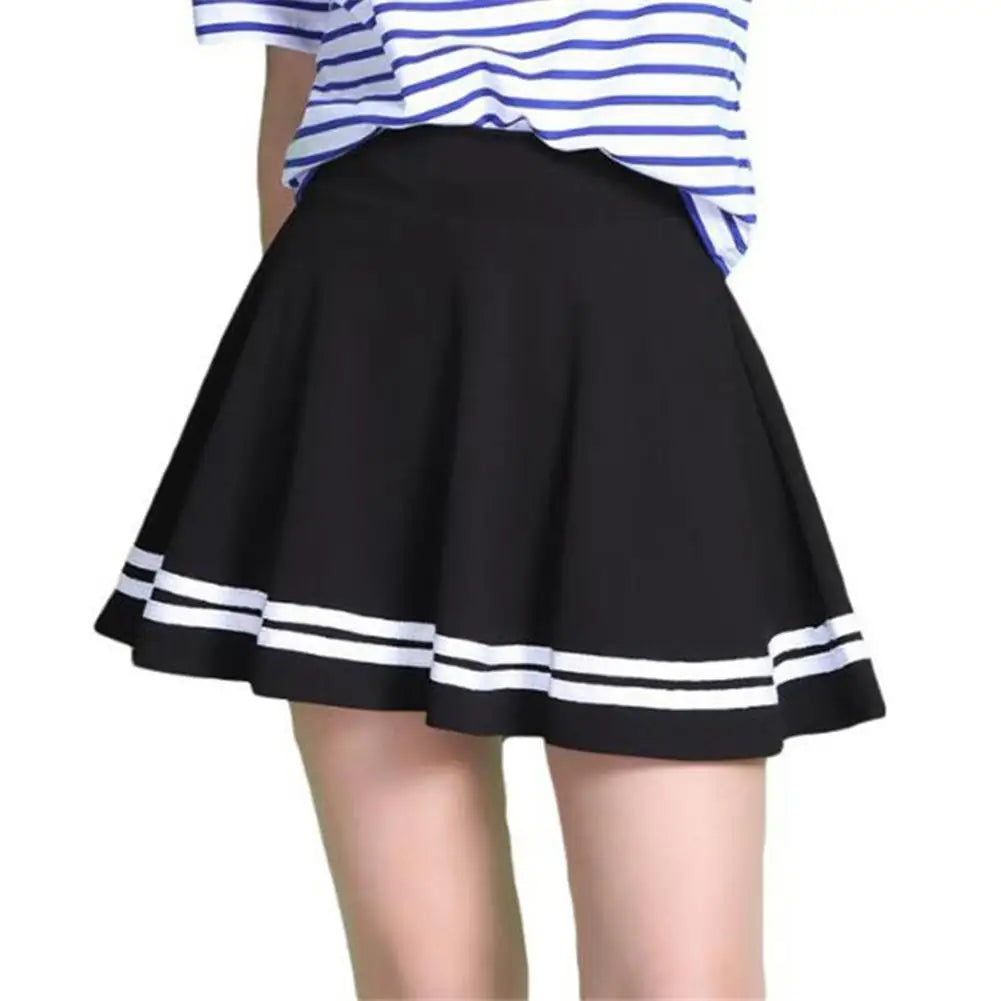 Women Skirt Solid Color High Waist Stripe Midi Pleated Skirts Girls Black White A Line Mini School Skirt Uniform Large Size