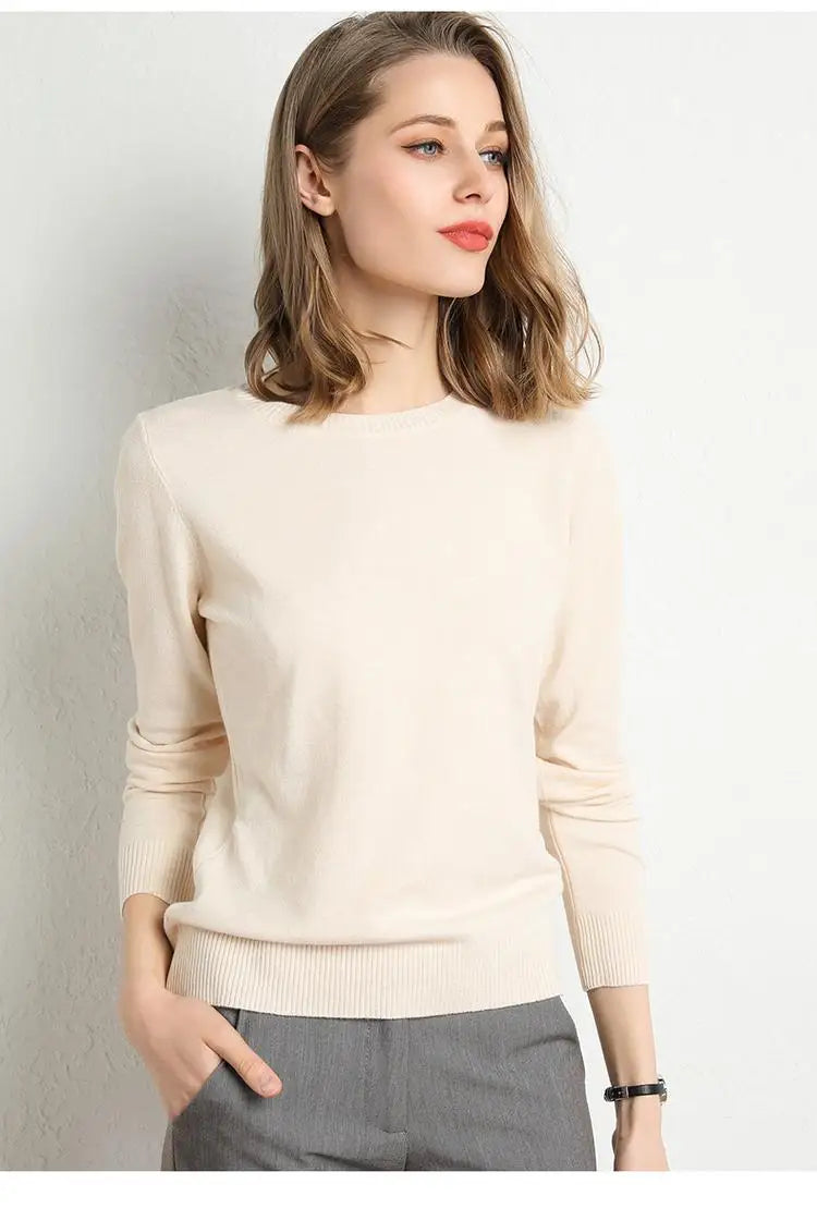 Women Merino Wool Sweater O-Neck Pullover Spring Autumn Long Sleeve Knitwear Slim Solid Color Fashion Bottoming Clothing Tops