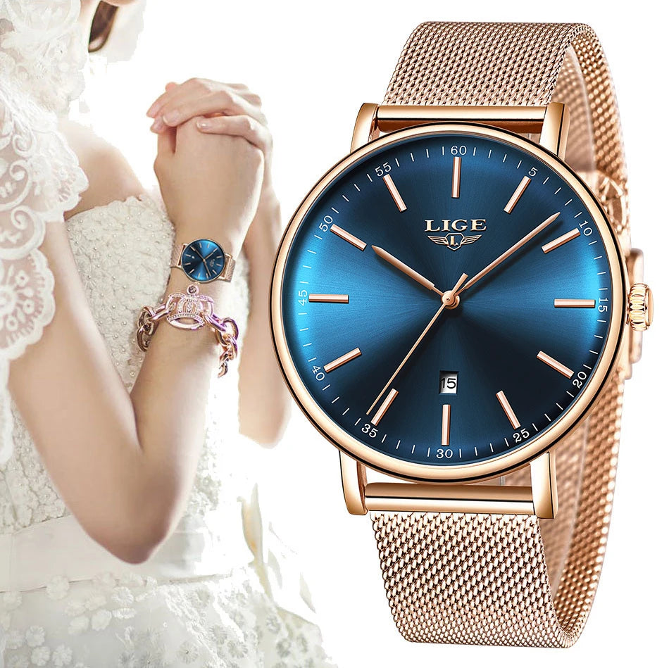 LIGE Women's Watches Top Brand Luxury Waterproof Watch Woman Fashion Ladies Mesh Belt Wristwatch Casual Quartz Clock Reloj Mujer