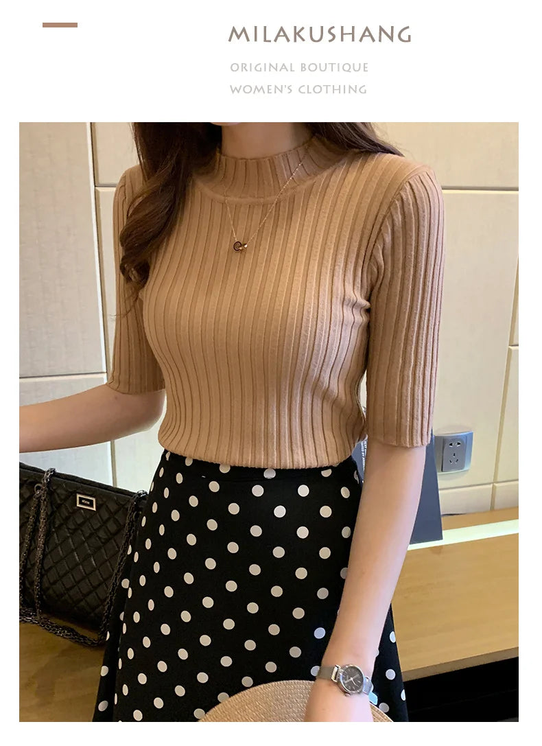 Casual Knitted Tee Shirt Elegant Short Sleeve Tops Fashion Basic Woman T-shirt Femme Elasticity Poleras De Mujer Camisetas 13466