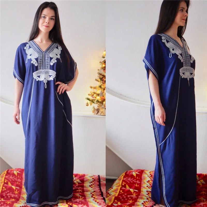 2023 Elegant Gold Embroidered Loose Kaftan House Robe Retro V-neck White Dress Women Summer Beach Wear Swim Maxi Dresses N1373