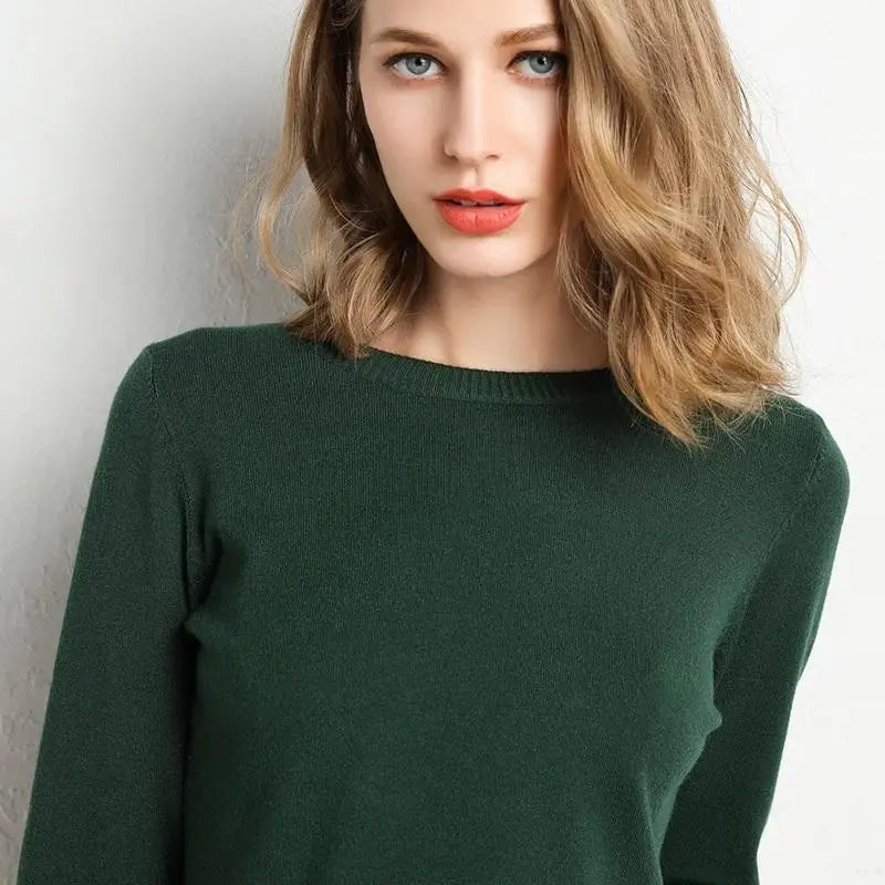 Women Merino Wool Sweater O-Neck Pullover Spring Autumn Long Sleeve Knitwear Slim Solid Color Fashion Bottoming Clothing Tops