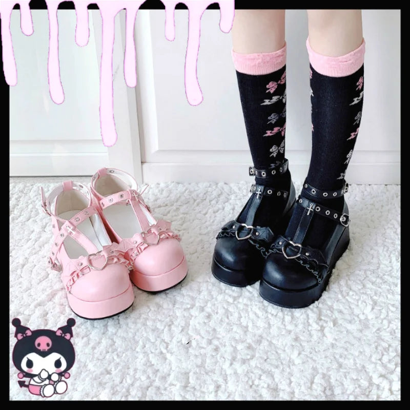 Platform Lolita Kawaii Pu Shoes Bowknot Demon Dark Goth Punk Devilian Little Bat Style Loli Cosplay High Heel 5.5cm