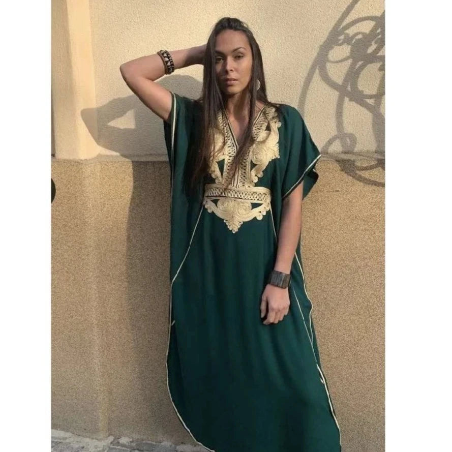 2023 Elegant Gold Embroidered Loose Kaftan House Robe Retro V-neck White Dress Women Summer Beach Wear Swim Maxi Dresses N1373