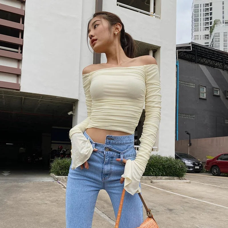 Dulzura Mesh Patchwork Women Long Sleeve Crop T Shirt Ruched Off Shoulder Bodycon Sexy Elegant Streetwear 2024 Spring Summer