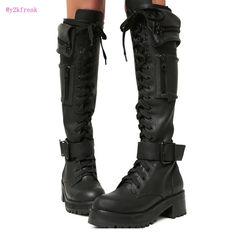 Y2K Grunge Boots Punk Goth Motorcycle Boots Platform Chunky Heel Wedge Lace Up Thick Bottom Winter Shoes Egirl Knee High Lolita