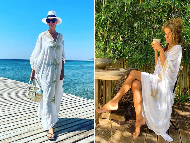 2023 Elegant Gold Embroidered Loose Kaftan House Robe Retro V-neck White Dress Women Summer Beach Wear Swim Maxi Dresses N1373