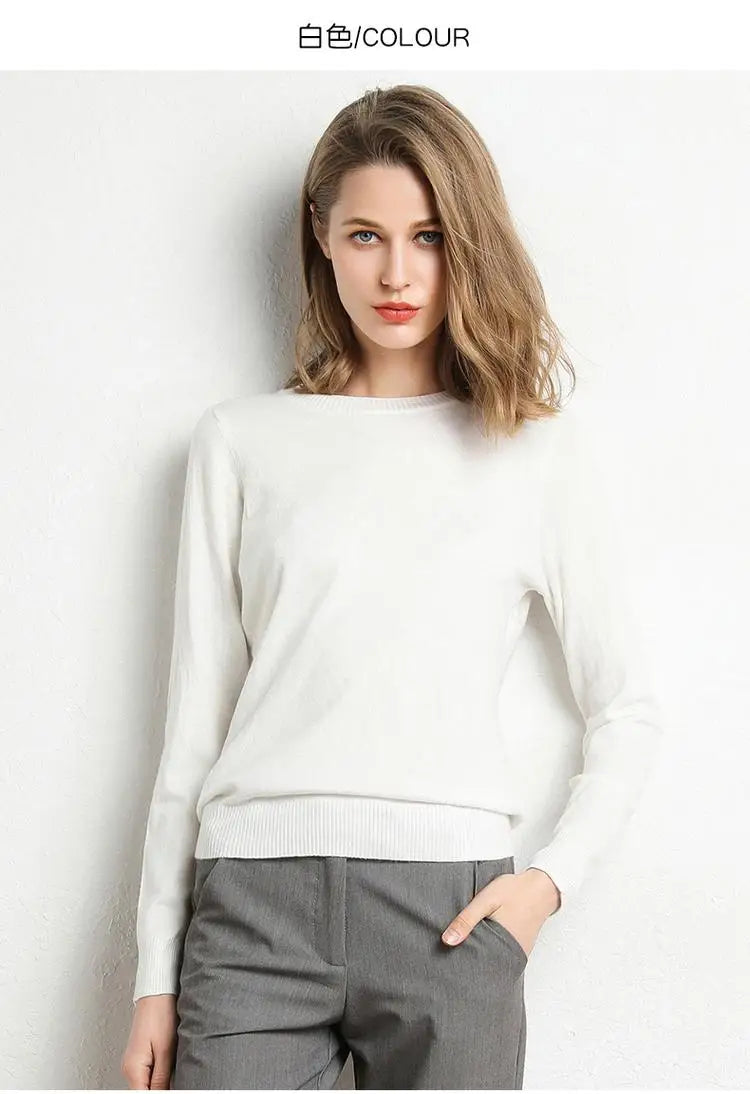 Women Merino Wool Sweater O-Neck Pullover Spring Autumn Long Sleeve Knitwear Slim Solid Color Fashion Bottoming Clothing Tops