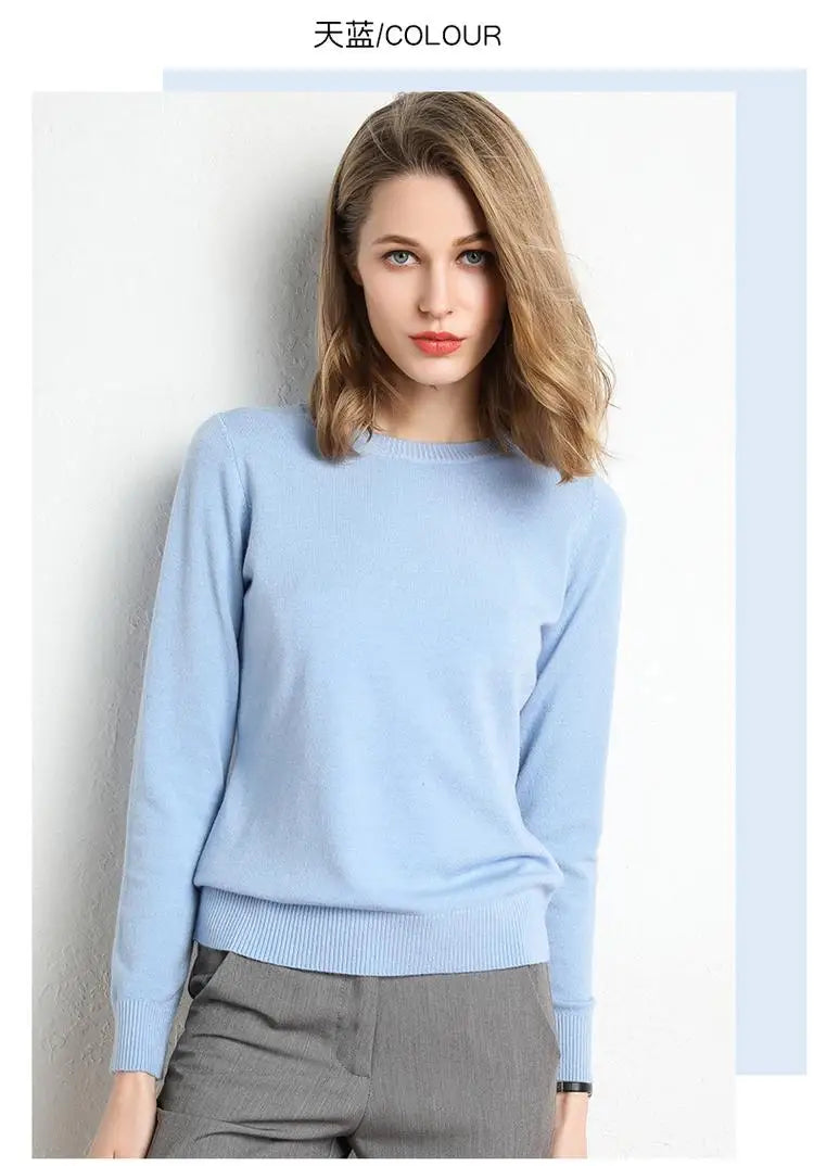 Women Merino Wool Sweater O-Neck Pullover Spring Autumn Long Sleeve Knitwear Slim Solid Color Fashion Bottoming Clothing Tops