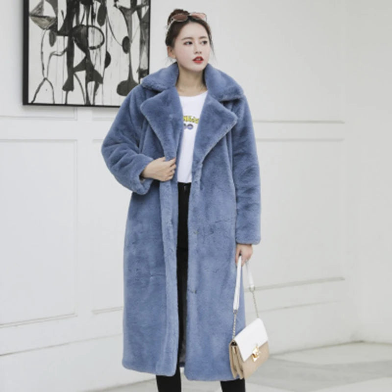 New 2023 Women Autumn Winter Casual Thickened Faux Fur Coat Furry Warm Fur Outerwear Loose Faux Rabbit Fur Long Jacket