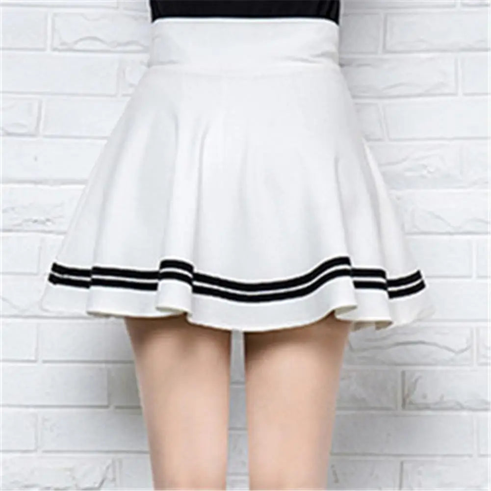 Women Skirt Solid Color High Waist Stripe Midi Pleated Skirts Girls Black White A Line Mini School Skirt Uniform Large Size