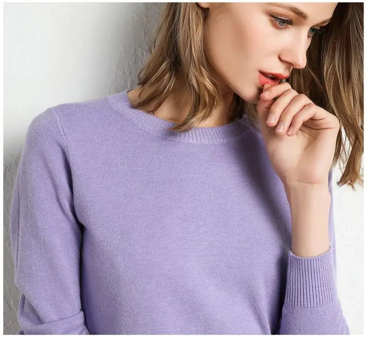 Women Merino Wool Sweater O-Neck Pullover Spring Autumn Long Sleeve Knitwear Slim Solid Color Fashion Bottoming Clothing Tops