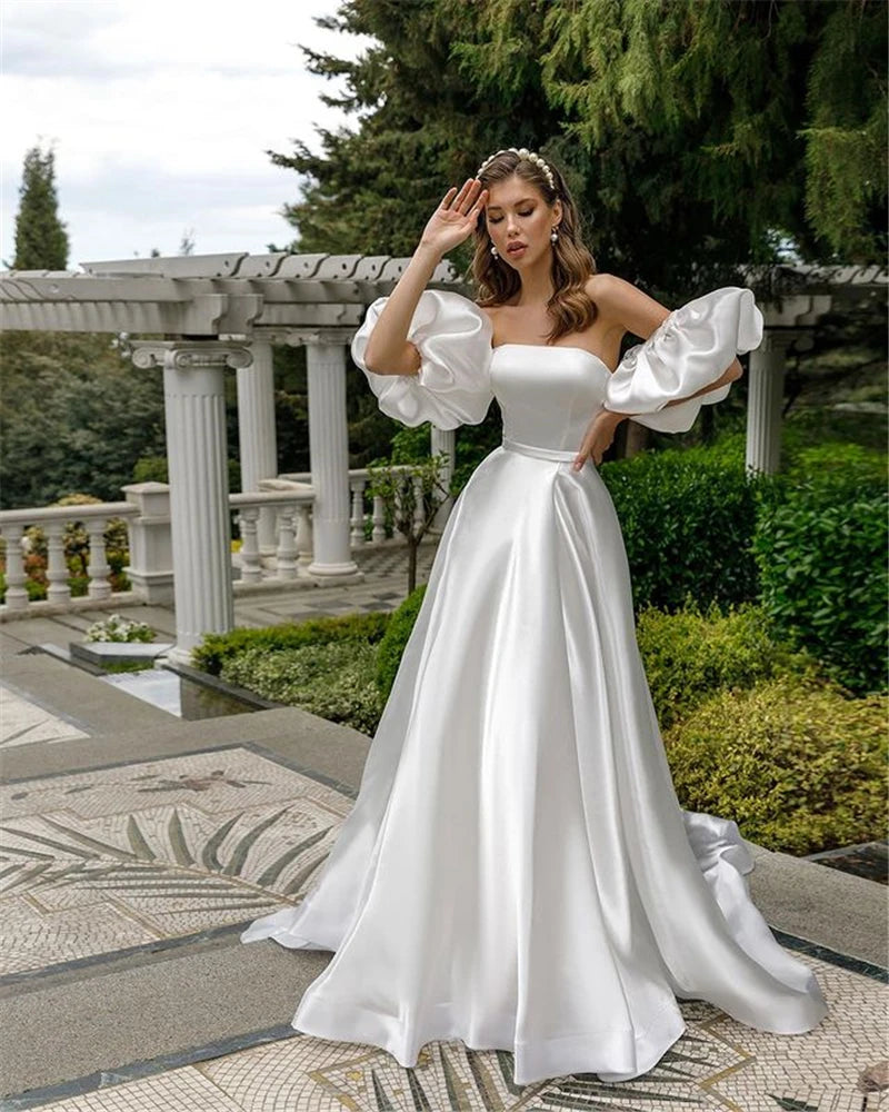 Removable Puff Sleeve Satin Wedding Dress High Slit Side A-line Simple Styles Bridal Dress with Court Train свадебное платье