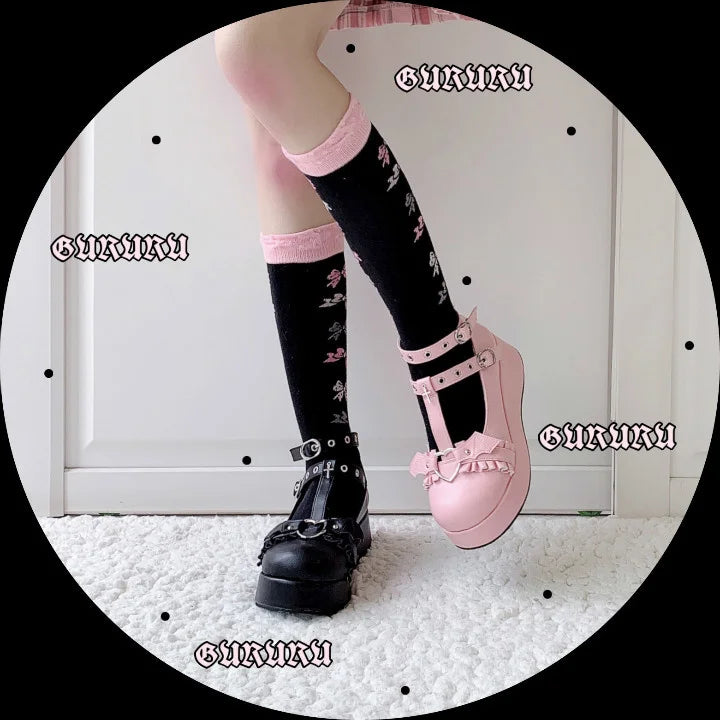 Platform Lolita Kawaii Pu Shoes Bowknot Demon Dark Goth Punk Devilian Little Bat Style Loli Cosplay High Heel 5.5cm