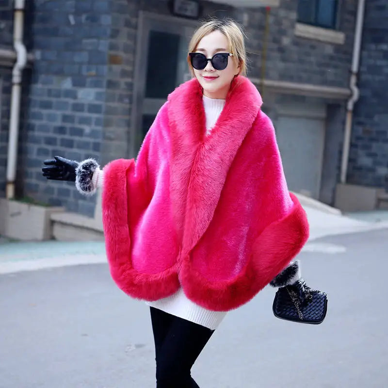 Winter Ladies' Genuine Knitted Mink Fur Shawls Fox Fur Collar Women Fur Pashmina Wraps Bridal Cape Coat Jacket