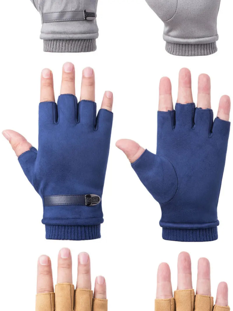 Man Women Winter Keep Warm Plus Velvet Thicken Thin Outdoor Sports Climb Cycling Drive Fitness Half Finger Tactical Gloves Suede