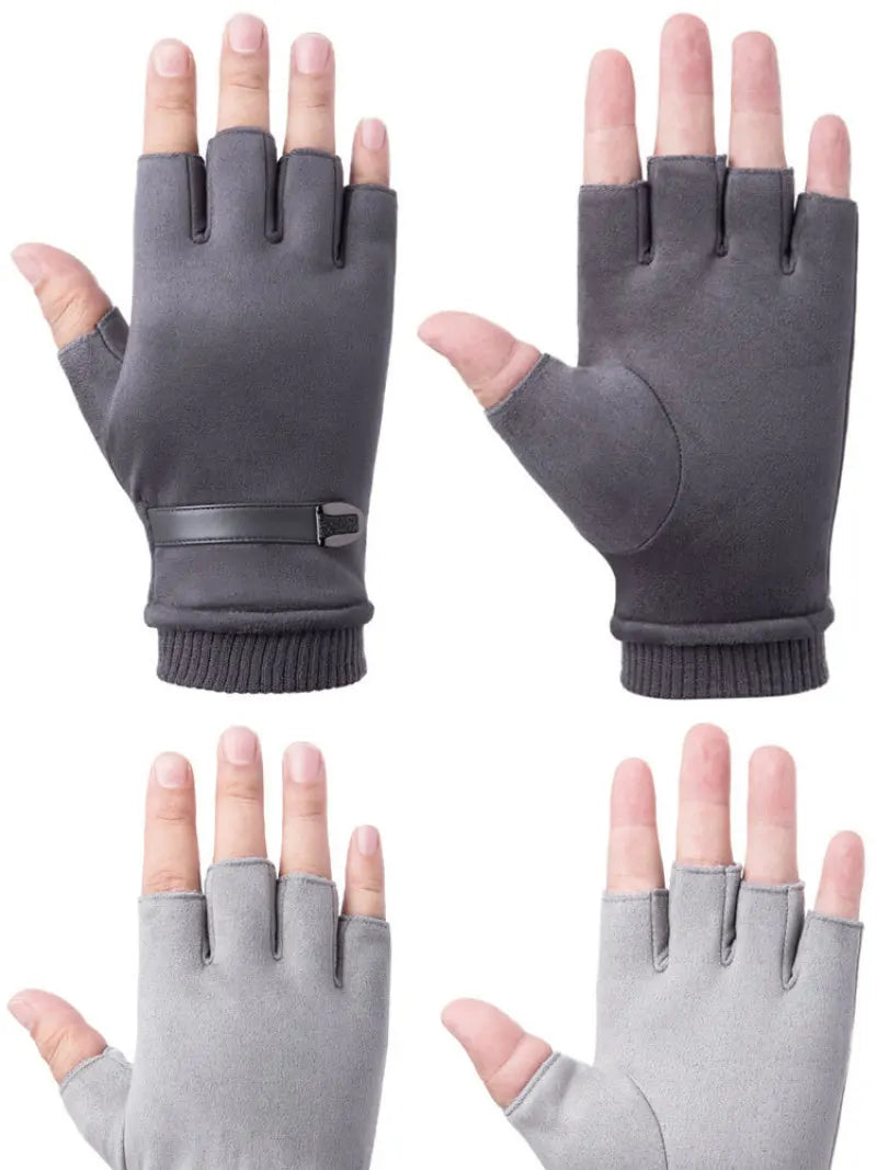 Man Women Winter Keep Warm Plus Velvet Thicken Thin Outdoor Sports Climb Cycling Drive Fitness Half Finger Tactical Gloves Suede