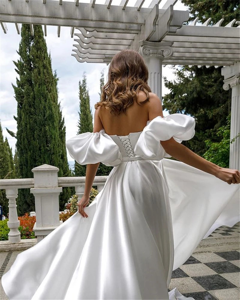 Removable Puff Sleeve Satin Wedding Dress High Slit Side A-line Simple Styles Bridal Dress with Court Train свадебное платье